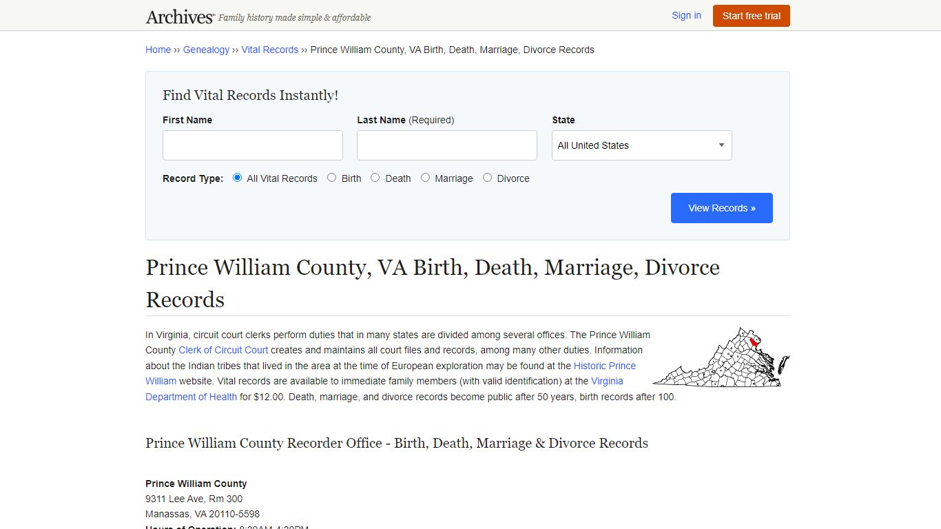 Prince William County, VA Birth, Death, Marriage, Divorce ...
